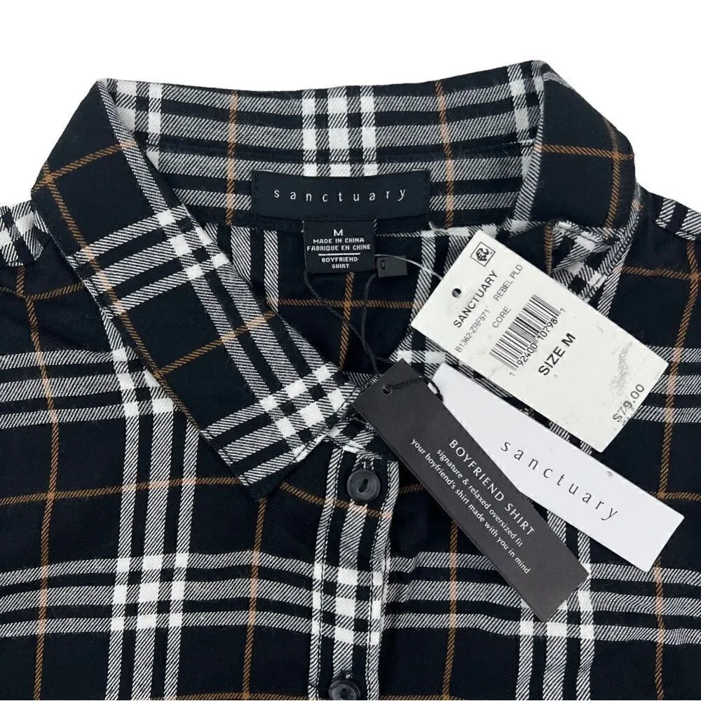 New Sanctuary Men Black Plaid Shirt Casual Classic Long Sleeve Button Down US M - Picture 6 of 13